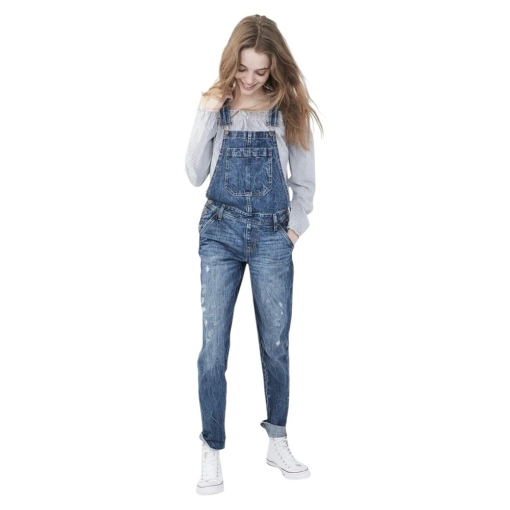 Aeropostale Denim Jean Overalls Utility Workwear Womens Small Raw Hem Distressed